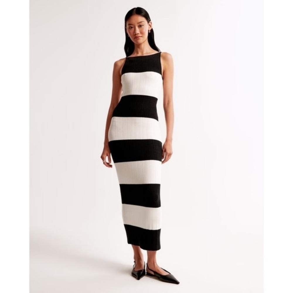 NWT Abercrombie Black and White Striped Midi Dress, Size Petite XL